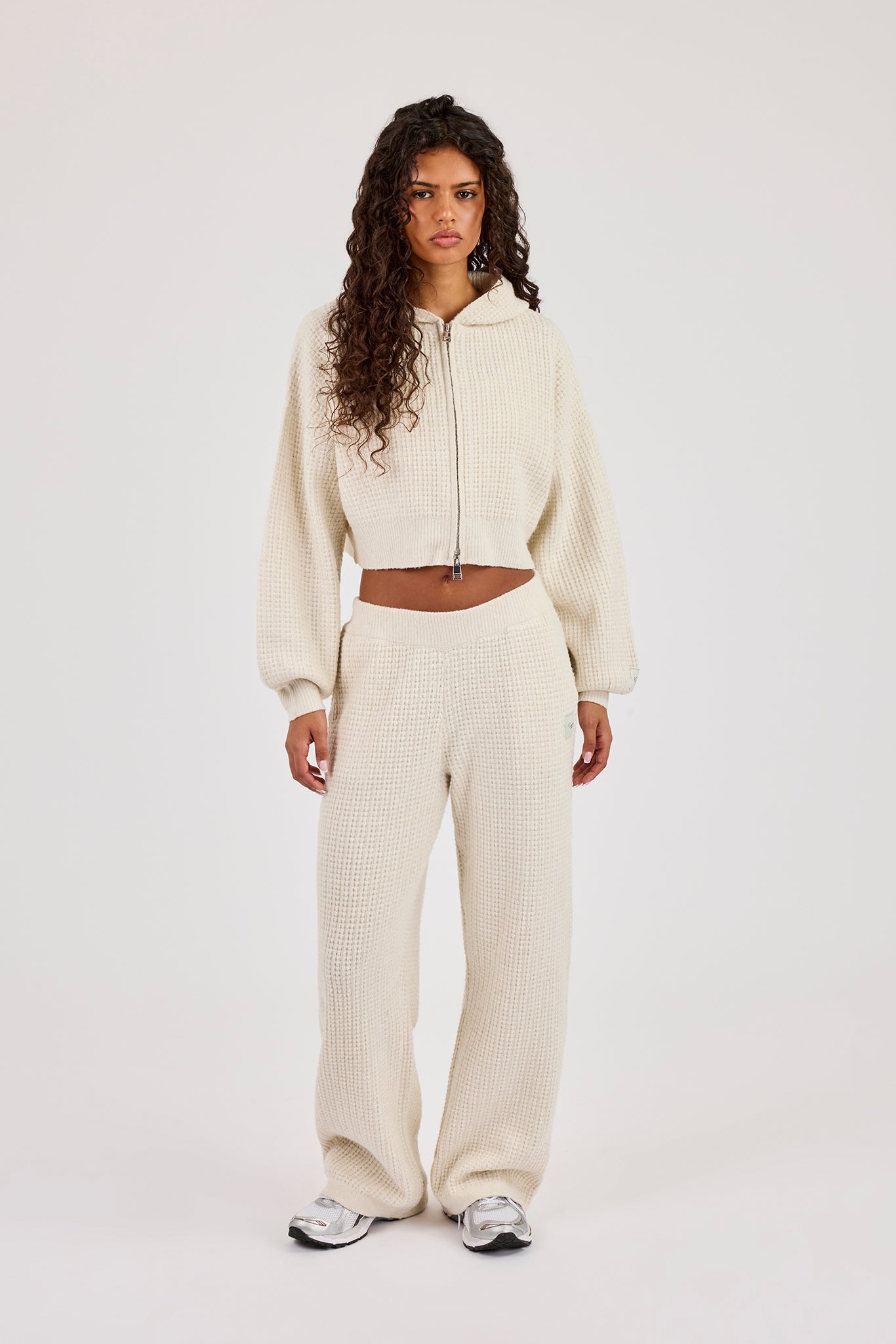Waffle Knit Cropped Zip Through Hoodie - Oatmeal